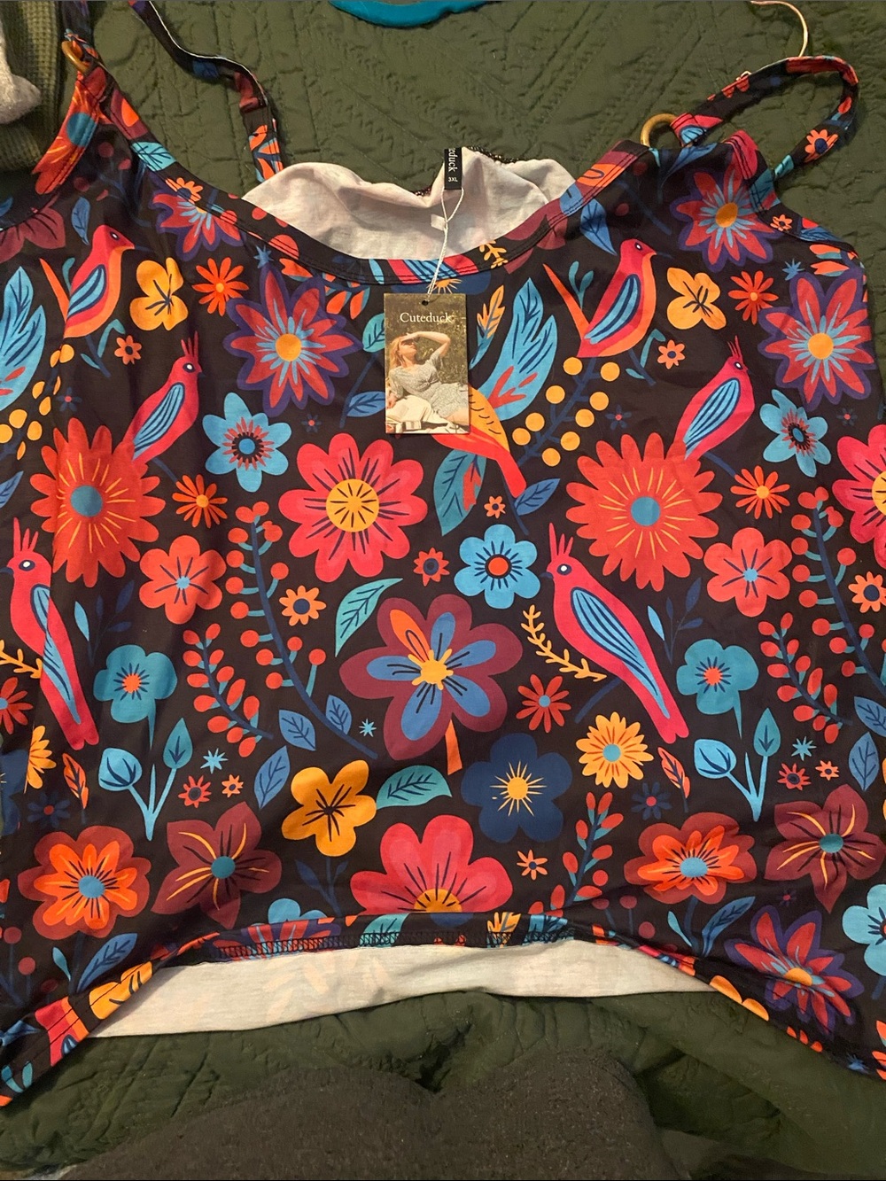 Floral Bird Print Tank Top - Multicolor